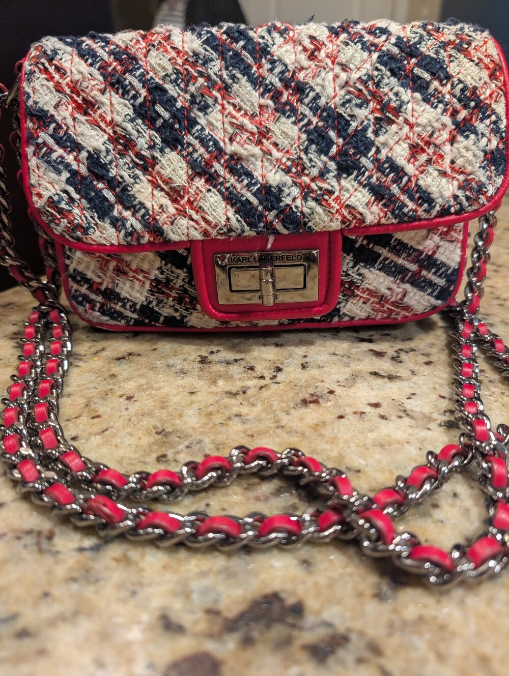 Karl Lagerfeld Paris Agyness Tweed Shoulder Crossbody Bag Red Blue